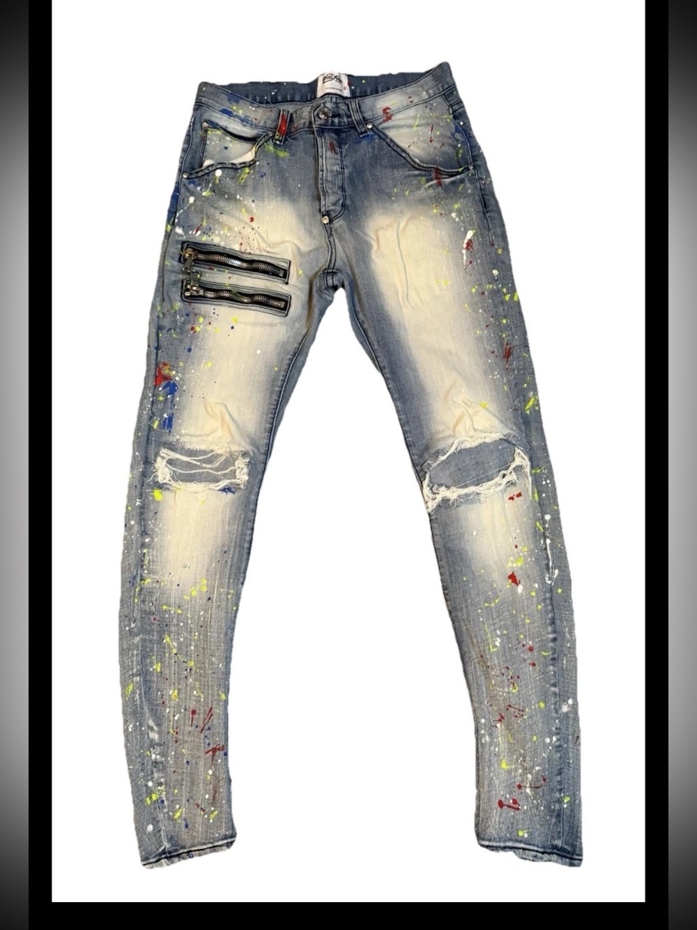 MacKeen Market Hale Jeans Mens 30 Paint Splatter Distressed Skinny Moto Zippers